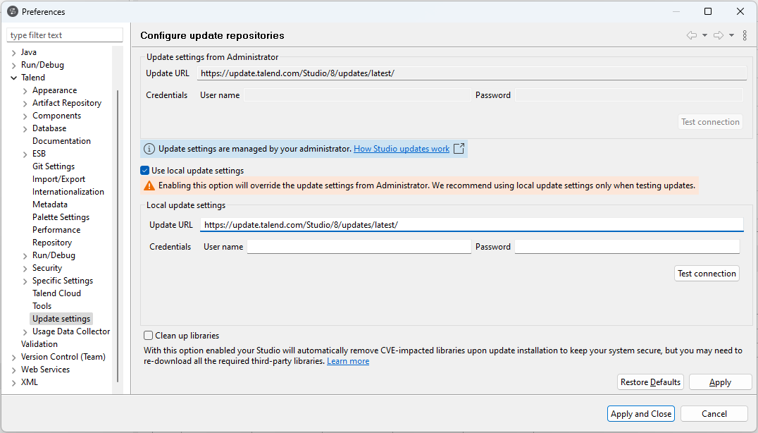 Vue Configure update repositories (Configuration des référentiels de mise à jour).