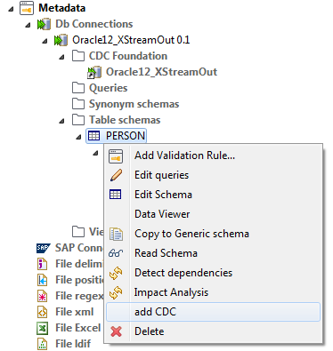 Menu contextuel d'une table source.