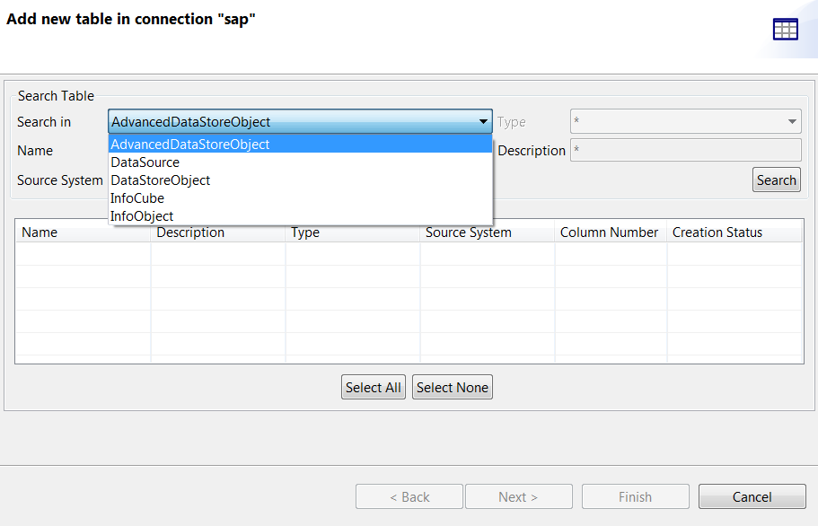 Boîte de dialogue Add new table in connection (Ajouter une table dans la connexion) pour "sap".