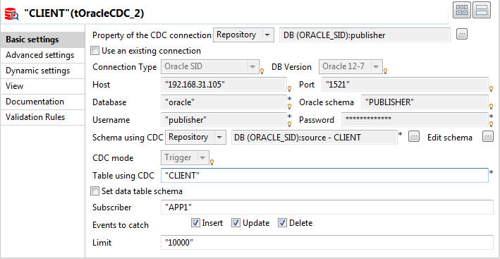 Configuration du tOracleCDC.