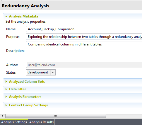 Vue d'ensemble de la section Analysis Metadata (Analyse de métadonnées) dans l'onglet Analysis Settings (Paramètres d'analyse).
