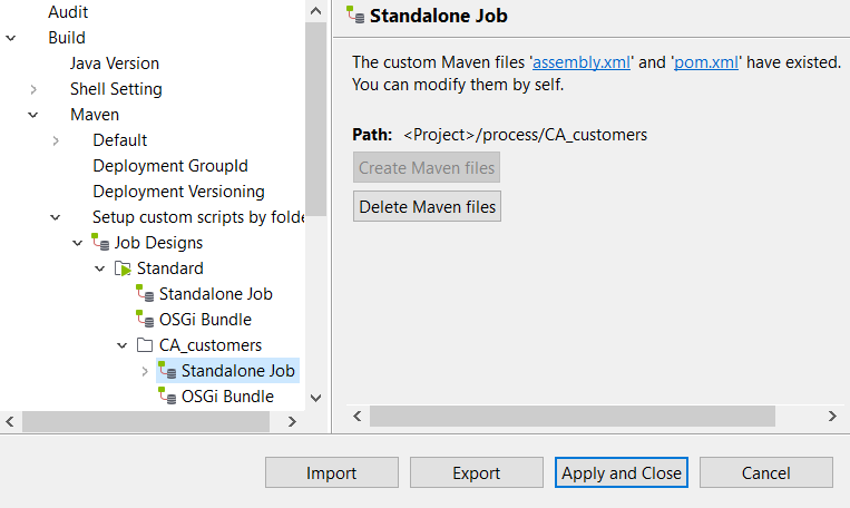 Configuration de Standalone Job dans la boîte de dialogue Project Settings.
