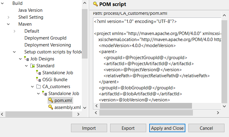 Configuration de POM script dans la boîte de dialogue Project Settings.