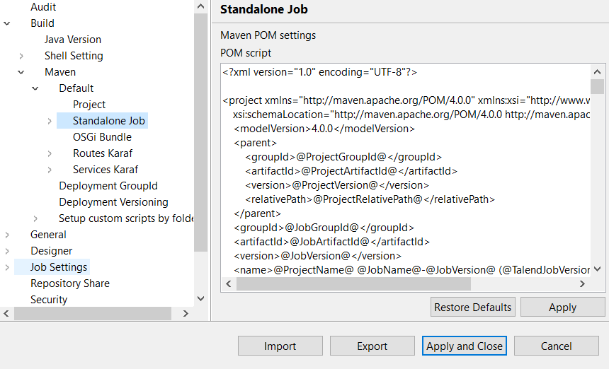 Configuration de Standalone Job dans la boîte de dialogue Project Settings.