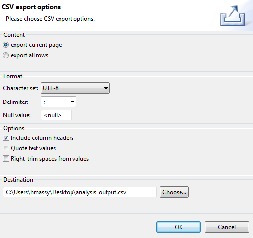 Vue d'ensemble de la boîte de dialogue des options d'export vers CSV.