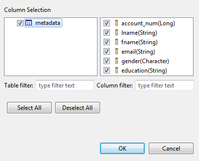 Boîte de dialogue Column Selection (Sélection de colonnes) pour modifier les colonnes à analyser.