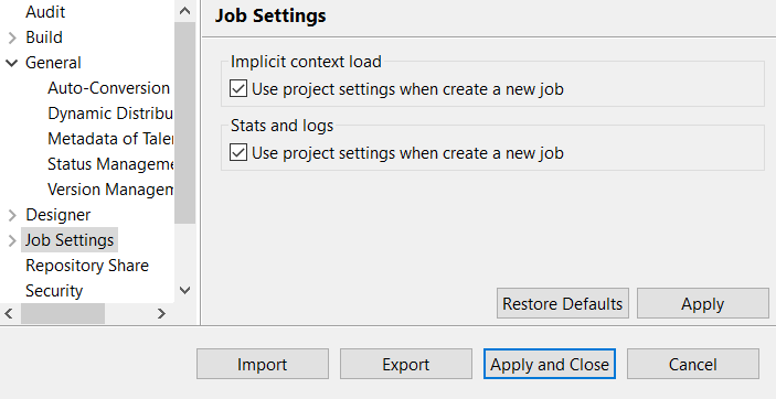 Configuration de Job Settings (Paramètres du Job) dans la boîte de dialogue Project Settings (Paramètres du projet).