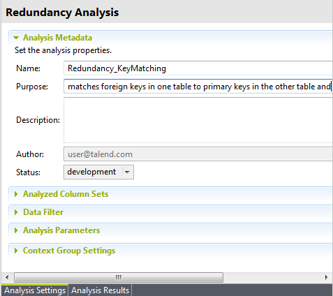 Vue d'ensemble de la section Analysis Metadata (Analyse de métadonnées) dans l'onglet Analysis Settings (Paramètres d'analyse).