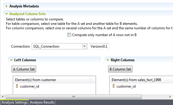 Vue d'ensemble de la section Analyzed Column Sets (Ensembles de colonnes analysés) dans l'onglet Analysis Settings (Paramètres d'analyse).