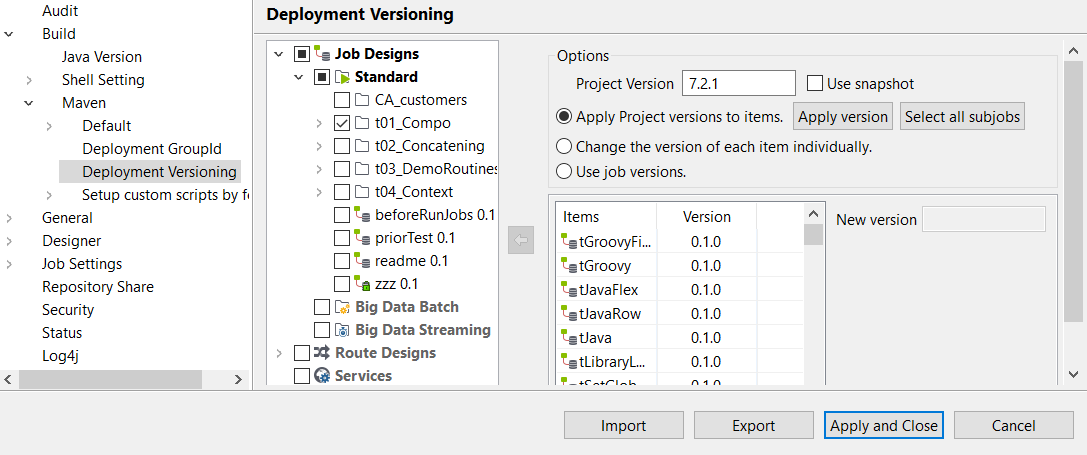 Configuration de Deployment Versioning (Versionnement du déploiement) dans la boîte de dialogue Project Settings (Paramètres du projet).
