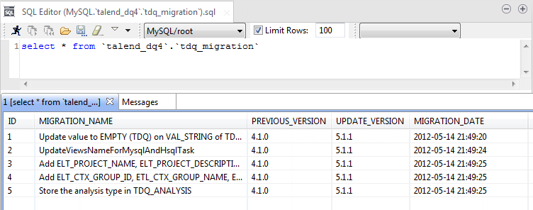Vue d'ensemble des informations de migration dans l'éditeur SQL.
