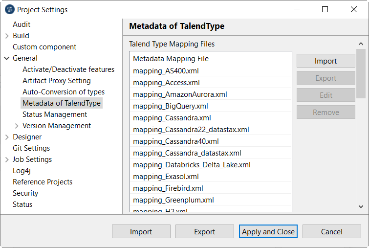 Configuration des métadonnées TalendType dans la boîte de dialogue Project Settings.