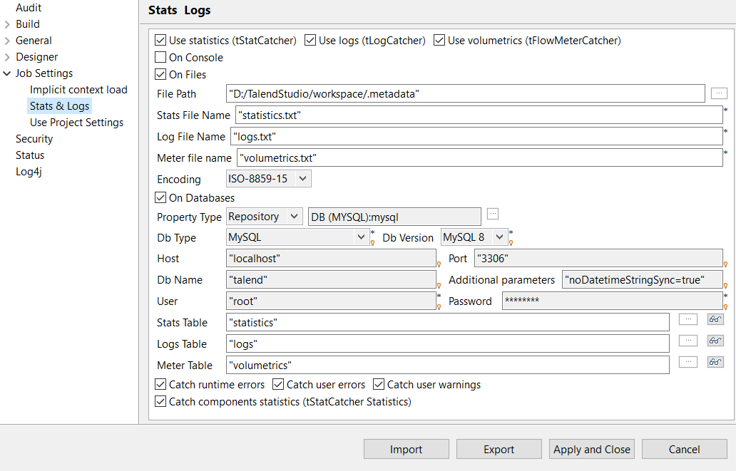 Configuration des Stats & Logs dans la boîte de dialogue Project Settings (Paramètres du projet).