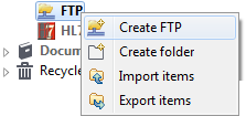 Option Create FTP (Créer FTP) sélectionnée via un clic-droit.