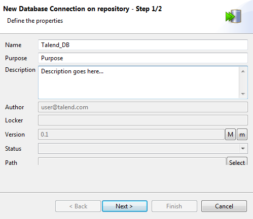Boîte de dialogue New Database Connection on repository - Step 1/2 (Nouvelle connexion à la base de données dans le référentiel - Étape 1/2).