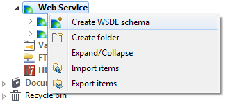 Option Create WSDL Schema (Créer un schéma WSDL) sélectionnée via un clic-droit.