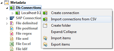 Option Import Connection from CSV (Importer des connexions CSV) sélectionnée via un clic-droit.