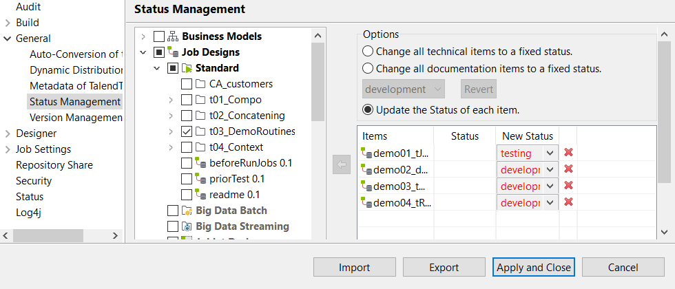 Configuration de Status Management (Gestion du statut) dans la boîte de dialogue Project Settings (Paramètres du projet).