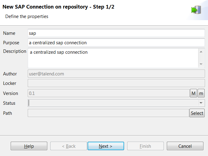 Boîte de dialogue New SAP Connection on repository - Step 1/2 (Nouvelle connexion SAP dans le référentiel - Étape 1/2).