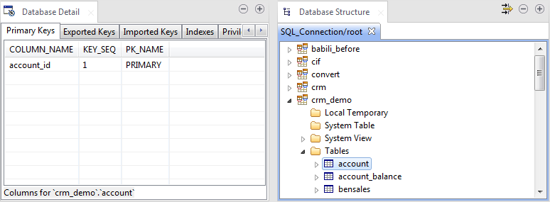 Vues Database Detail (Détails de la base de données) et Database Structure (Structure de la base de données) avec des informations concernant la clé primaire.