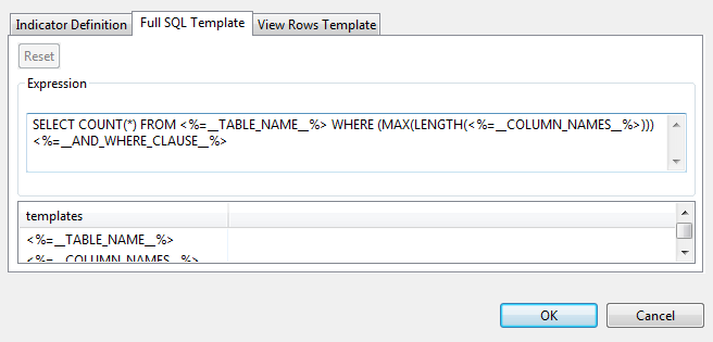 Vue d'ensemble de l'onglet Full SQL Template (Modèle SQL entier).