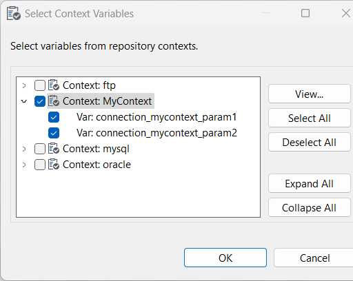 Boîte de dialogue Select Context Variables (Sélectionner des variables de contexte).