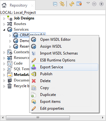 Option Export Service (Exporter le Service) dans la vue en arborescence Repository (Référentiel).