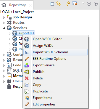 Option Import WSDL Schemas (Importer les schémas WSDL) dans la vue en arborescence Repository (Référentiel).