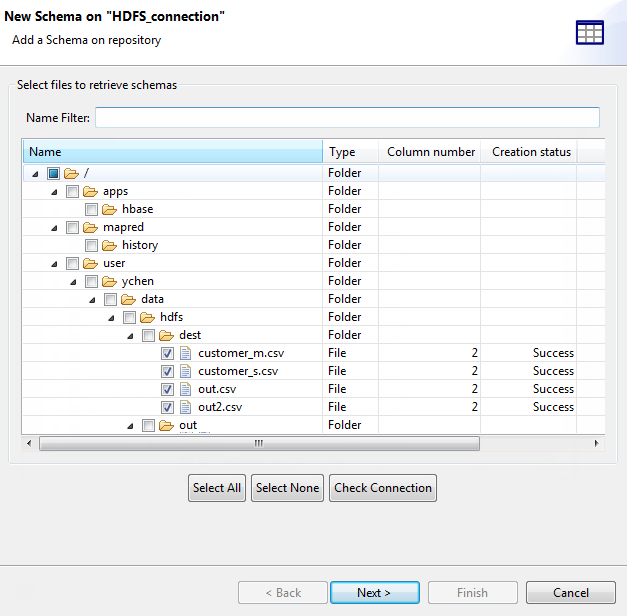 Boîte de dialogue New Schema on "HDFS_Connection" (Nouveau schéma dans "HDFS_Connection") affichant les fichiers pour la récupération des schémas.
