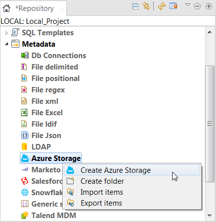 Option Create Azure Storage (Créer Azure Storage) sélectionnée via un clic-droit.