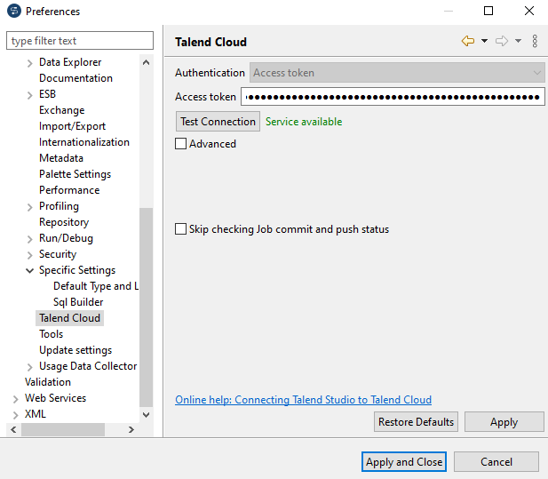 Dans le Studio Talend, fenêtre des Preferences (Préférences) ouverte, avec l'option "Talend Cloud" sélectionnée.