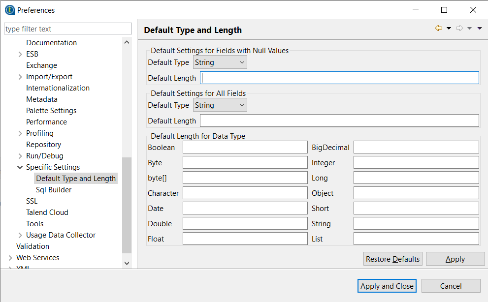 Configuration de Default Type and Length (Taille et longueur par défaut) dans la fenêtre des Preferences (Préférences).