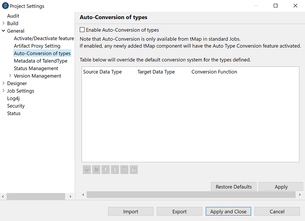 Vue Auto-Conversion of types (Conversion auto des types) dans Project settings (Paramètres du projet).