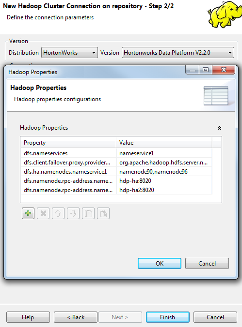 Boîte de dialogue Hadoop Properties (Propriétés Hadoop).
