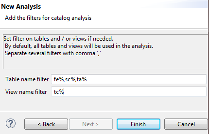 Exemple de valeurs dans les champs Table name filter (Filtre sur le nom des tables) et View name filter (Filtre sur le nom de vue).