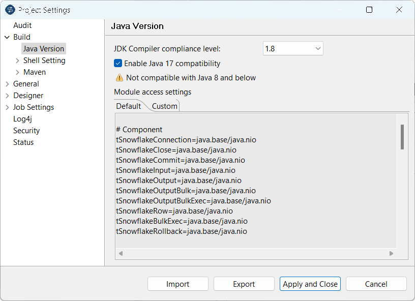 Configuration de Java Version (Version de Java) dans la boîte de dialogue Project Settings (Paramètres du projet).