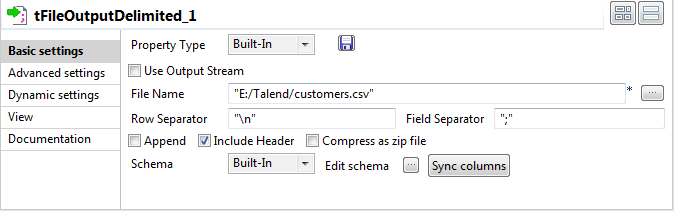 Vue Basic settings (Paramètres simples) du composant tFileOutputDelimited.