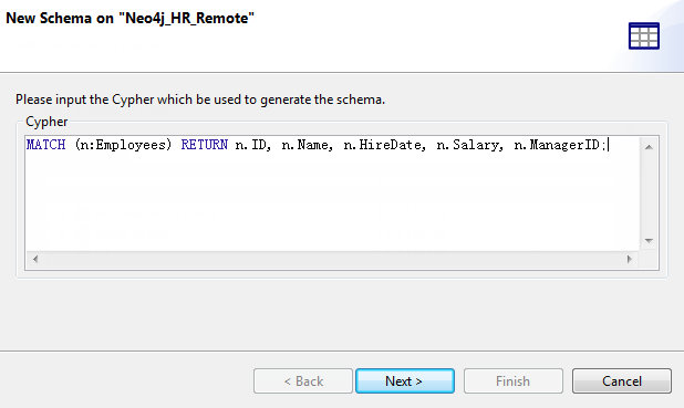 Boîte de dialogue New Schema on "Neo4j_HR_Remote" (Nouveau schéma dans "Neo4j_HR_Remote") affichant le schéma à créer.