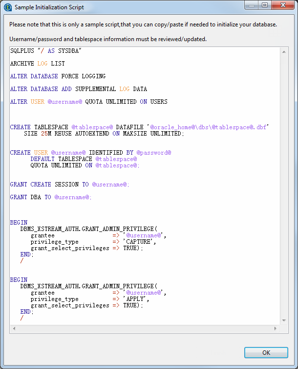 Vue d'ensemble de la boîte de dialogue Sample Initialization Script (Extrait du script d'initialisation).