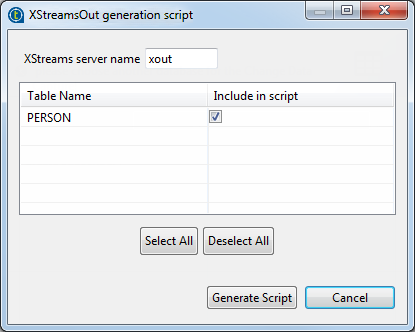 Configuration dans la boîte de dialogue XStreamsOut generation script (Génération de script XStreamsOut).