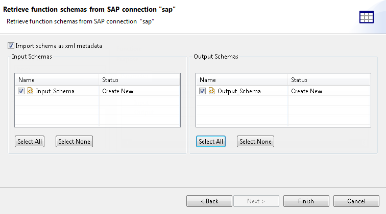 Boîte de dialogue Retrieve function schemas from SAP connection (Récupérer des schémas de fonction depuis la connexion à SAP).