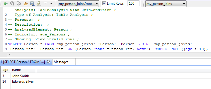 Liste des lignes invalides dans l'éditeur SQL.