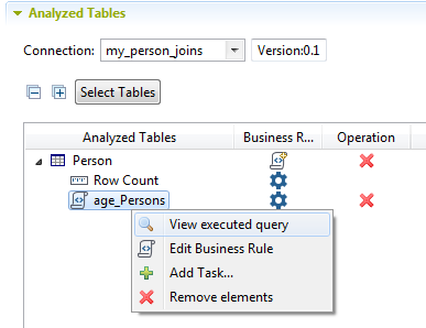 Menu contextuel d'une règle métier dans la section Analyzed Tables (Tables analysées).