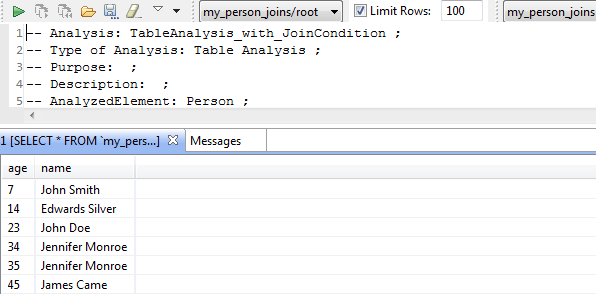 Liste des lignes analysées dans l'éditeur SQL.