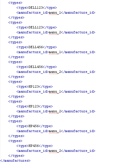 Exemple de fichier XML pour l'élément 'types'.