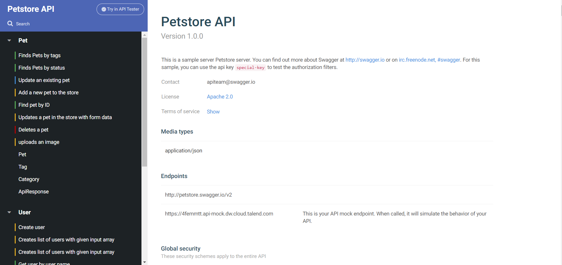 Petstore APIライブドキュメンテーションのスクリーンショット。