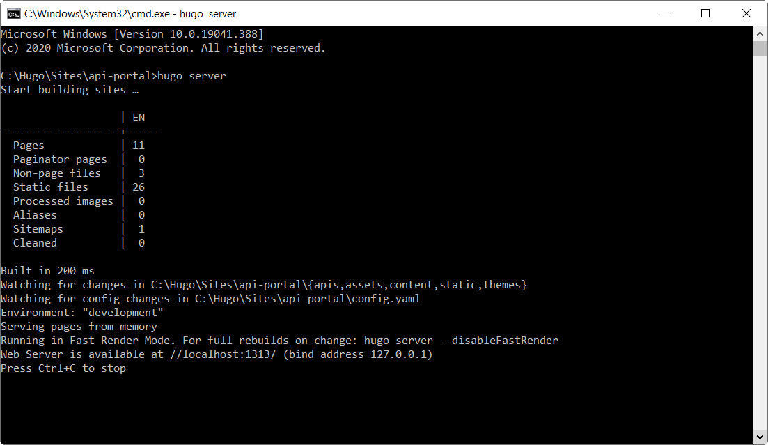 このコンソールはウェブサーバーを示しています。この例では、//localhost:1313/で利用できます。