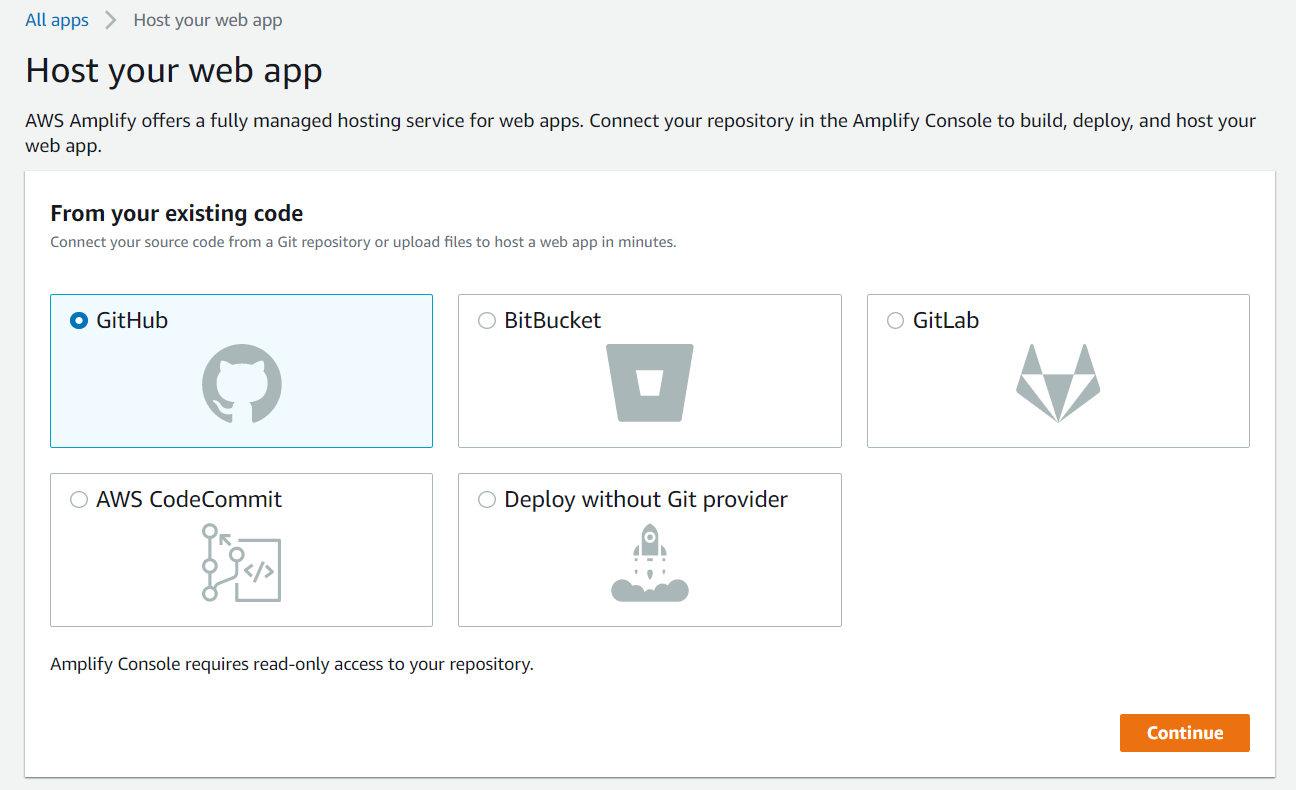 たとえば、[Host your web app] (自分のWebアプリをホスト)ページでGitHubを選択します。