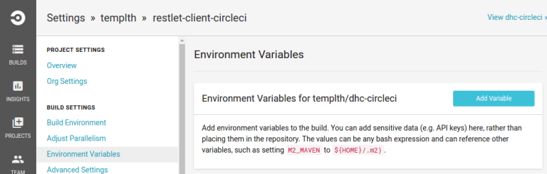 [Environment Variables] (環境変数)の下に[Add Variable] (変数を追加)ボタンが表示されている状態。