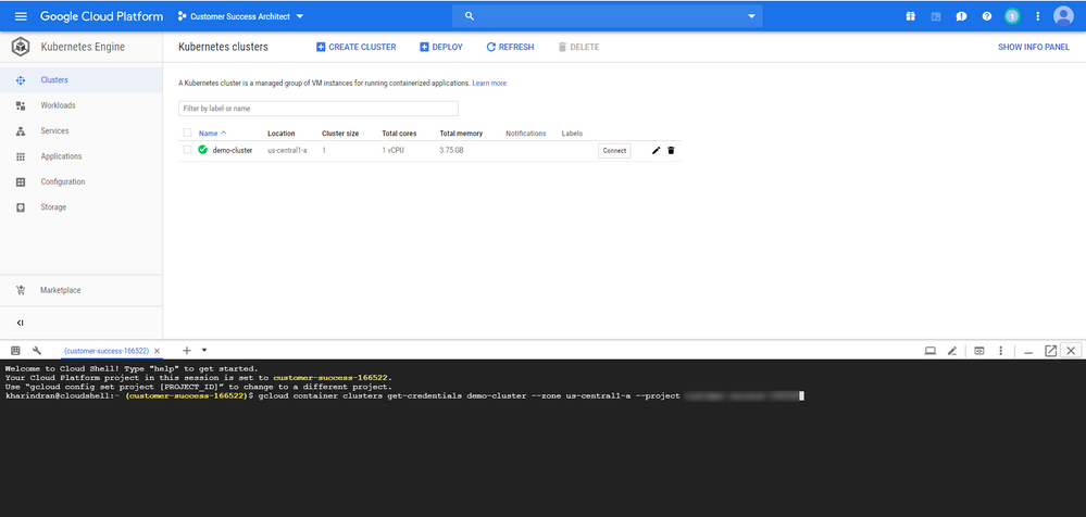 Google Cloud Shellでのコマンドのスクリーンショット。